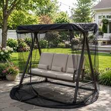 1 Set 3-Seater Outdoor Patio Swing With Mosquito Net And Sunshade Cover With Zipper, Suitable For Backyard, Patio, Garden - A - View 5