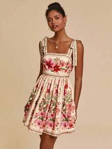 bfdbTravachic Vestido de verano de mujer con cuello cuadrado, sin mangas, con cintura ajustada y lazo delantero, en estampado floral.Conjunto de vacaciones para mujer, atuendos para vacaciones, atuendos de playa, conjuntos de verano para mujer, vestidos de verano para mujer, vestidos para mujer, vestido de veranosfb x DYR5 - Multicolor 10 - Ver 5