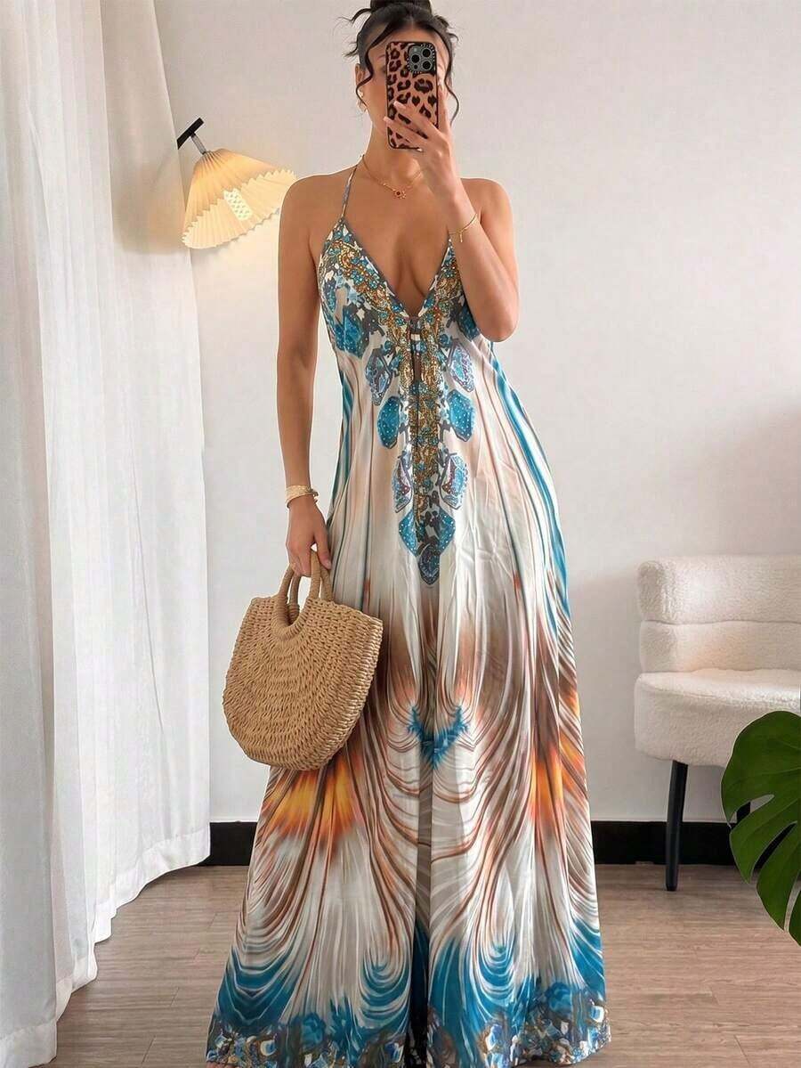 MEXAiraco Vestido casual de mujer con estampado total y cuello de halter para fiestas y salidasMEX 9ZNT - Azul - Ver 1