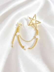 1pc Elegant Star Chain Brooch With Rhinestones, Multi-Layer Tassel Design Anti-Slip Pin, Gold-Plated Five-Pointed Star Lapel Pin, Suitable For Weddings, Parties, Travel, Daily Wear With Suits, Dresses, And Cardigans - Gold - View 2