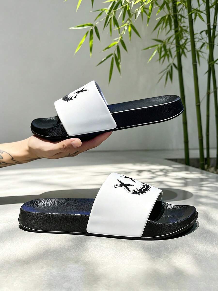 1 Pair White Body Slippers, All-Season Indoor Home Slippers, Campus Style Bathroom Slippers, Dormitory Slippers, Couples Slippers, Outdoor Beach Slippers, Sports Slippers, Slip-On Sandals, Slip-On, Face Pattern, Bring Good Mood Everyday - White - View 1