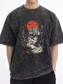 Men's Clothing; Summer T-Shirts [Best Selling Vintage T-Shirt] Men's Japanese Style T-Shirt With Tiger Print And Chinese Characters, 230g, Heavy Wash, Urban Style, Short Sleeve, Casual Crew Neck For All Seasons, Black And Red, Ideal Gift For Men, Machine Washable, Knit Fabric. The Best T-Shirt Gift. The Best T-Shirt Gift For Summer Outfits FQIA - 黑色 - 查看 9
