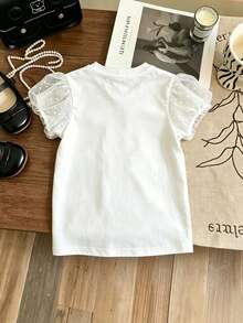 Kaos Lengan Pendek Warna Polos Lucu dengan Hiasan Renda untuk Anak Perempuan Usia 4-7 Tahun, Fesyen Musim Panas - Putih - View 2