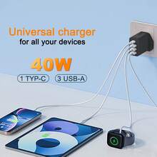 40W 4口USB充电器，多功能英式插头适配器，2A2C USB-C快速充电插头（支持PD和QC协议），墙式适配器（适用于多种设备），便携式旅行多USB充电器（兼容、安卓等） - 查看 2