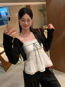 女士时尚百搭纯色披肩领长袖针织衫 黑色 - 黑色 - 查看 2
