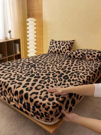 1 cearșaf cu imprimeu clasic de leopard, maro, cu model de crengi de copac, husă de saltea de Ziua Îndrăgostiților, cearșaf, moale și respirabil, se potrivește diferitelor dimensiuni de pat - Twin, Full, Queen, King, design cu buzunar adânc de până la 29 cm, potrivit pentru uz în cămin