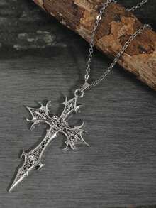 Vintage Gothic Thorn Cross Alloy Pendant Necklace, Pattern Sweater Chain - Silver - View 2