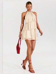 Vestido corto de gasa con hojas de loto en cascada de color rojo sólido, adecuado para citas diarias, salidas nocturnas, discotecas, fiestas, reuniones, fiestas de cóctel, fiestas de piscina, ropa de vuelta al colegio, vestidos de temporada escolar, vestidos de vacaciones, faldas de tul - Beis - Ver 7