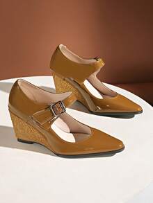 LiangJingJing Women's Caramel Patent Leather Mary Jane Wedge Heel Pumps, Rhinestone Embellished Buckle Strap Pointed Toe Comfortable Office & Casual Shoes - Ginger - View 5