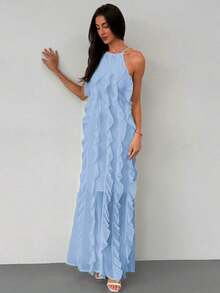 Elegante vestido de volantes de múltiples capas para vacaciones, con estilo fluido y divino, para primavera/verano - Azul - Ver 4