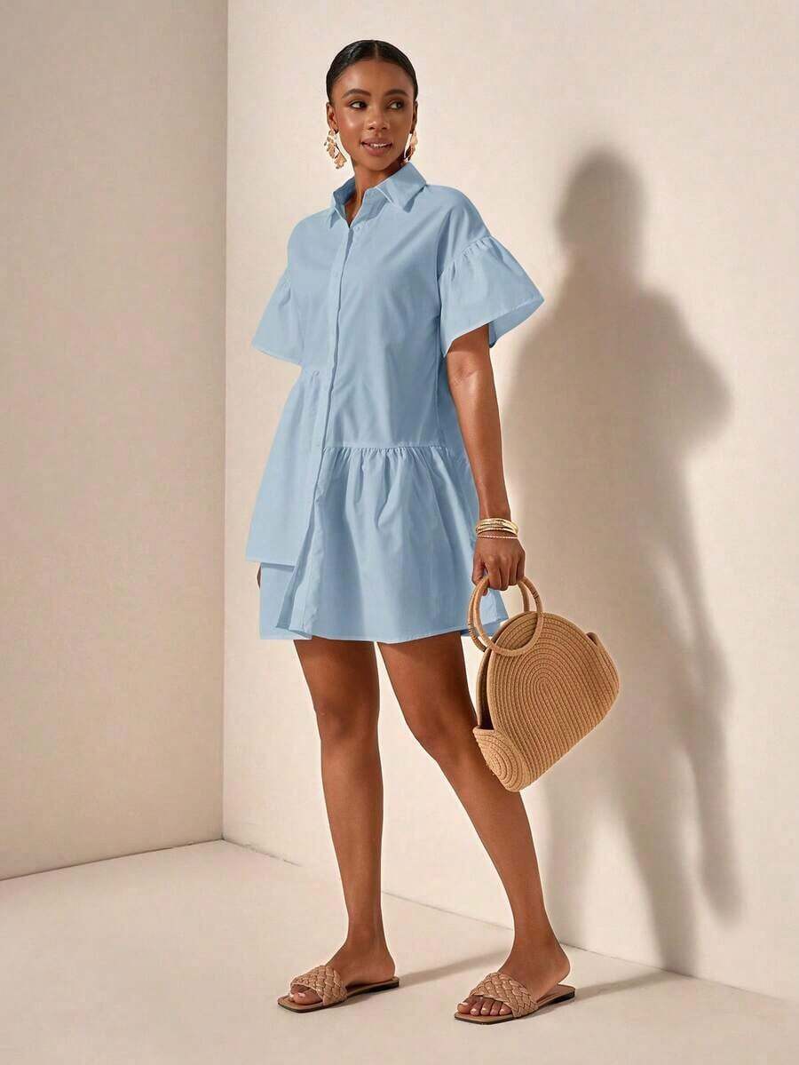 bfdbZivah Vestido de vacaciones de manga corta con volantes en el bajo y botones delanteros de unicolor, para veranosfb x WBBE - Celeste 3 - Ver 1
