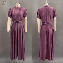 New Spring Summer V-Neck Ruffle  Dress, Waist Slim Flared Elegant Dress - 紫色 - 查看 6