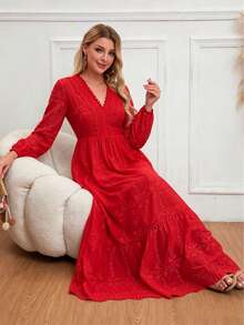 Eilly Bazar Women's V-Neck Waist Cinched Long Sleeve Hollow Embroidered Lace Dress Elegant - Red - View 4