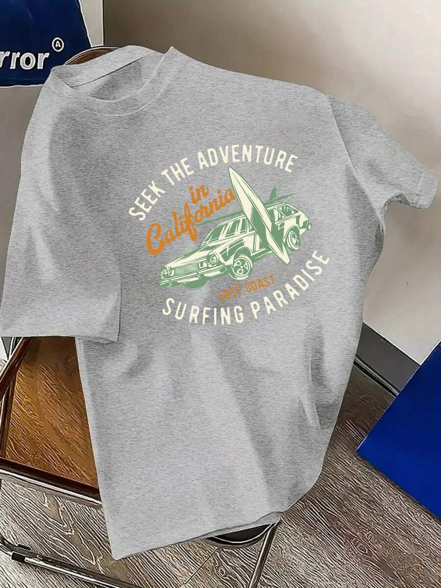 Men's Plus Size T-Shirt, 100% Cotton, With A Print Of Cars And Surfboards, California Adventure Design, Perfect For The East Coast Beach. Comfortable And Casual Short-Sleeved T-Shirt For Summer. - 灰色 - 查看 1