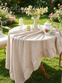 1pc Tablecloth With Ruffled Hem Decor, Polyester Fabric, Light Brown Plaid Pattern, Rectangular Or Square, Suitable For Dining Room And Living Room Table Decor - Light Coffee - View 6