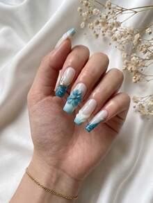 10pcs Handmade Rectangular Nail Art Stickers, 3D Blue-Green Flower And Wave French Tip Nail Decor, Removable And Reusable Nail Art Supplies Set (Includes Gel Glue And Nail File) - Baby Blue - View 3