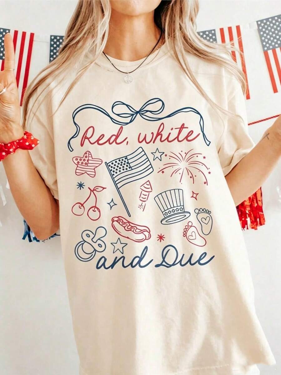 Soft Cotton T-Shirt For Women, Red White And Due Shirt, 4th Of July Pregnancy Reveal Shirt, Summer Pregnancy Announcement Tee, Expecting Mom To Be T-Shirt, Comfortable Mother's Day Clothing - 杏色 - 查看 1