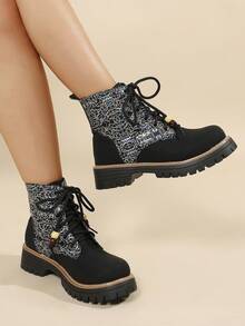 New Women's Thick Sole Ankle Boots, Black Versatile Motorcycle Boots, Fashion Flat Round Toe Lace-Up Boots For Autumn/Winter - Black - View 2
