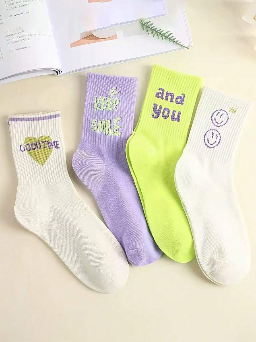 Fashionable Smiling Face Design Crew Socks, Ins Style Letter Print Long Socks For Women, Versatile And Collegiate - Multicolor - View 1