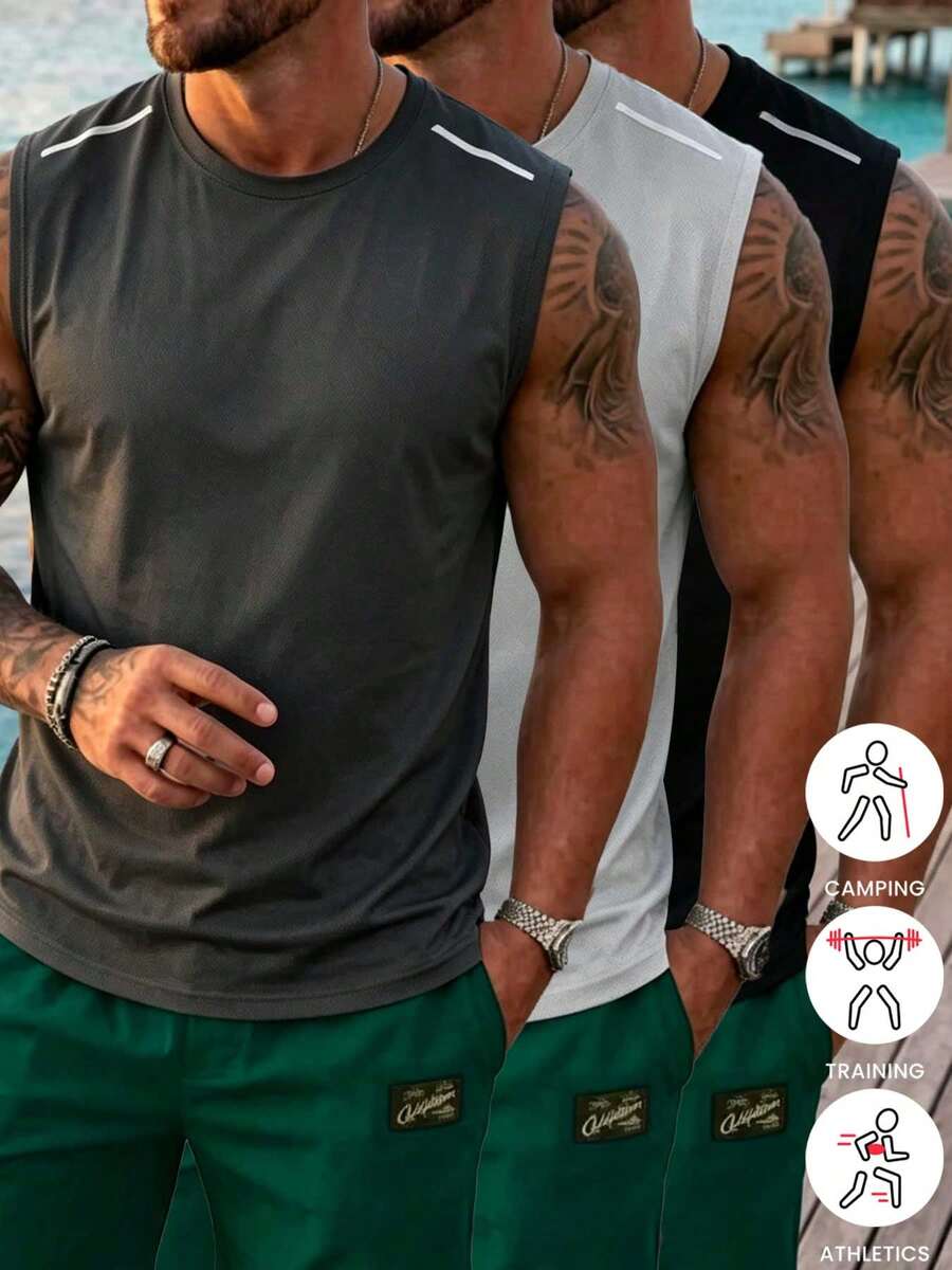 3件套男士健身运动背心，轻便户外跑步无袖训练T恤，纯色印花，休闲沙滩装