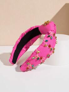 1pc New Solid Color Bohemian Style Gem Embellished Wide Headband, Unique Creative Versatile Hair Accessory Suitable For Dates Hairband - FG264-rose Red - View 3