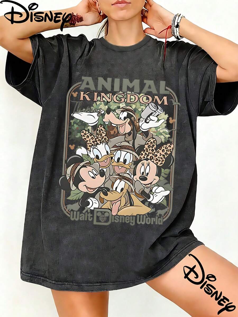 Disney Unisex TShirt Animal Kingdom Leopard Bow Safari Mickey Crew Graphic Washed TShirt For Women, 100% Cotton Oversized Vintage Short Sleeve Tee, Jungle Adventure Park Themed Casual Top - màu đen - Xem 1