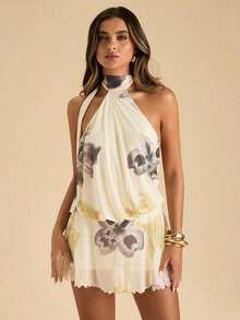 Vestido corto de verano elegante y sexy con estampado floral y espalda descubierta - Amarillo 4 - Ver 4