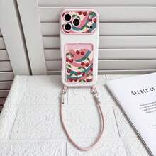 Vintage Asymmetrical Texture Cherry Print Card Holder Lanyard Shockproof Protective Phone Case, Compatible With IPhone 11/12/13/14/15/16/17 Series Pro/Pro Max - Mixed Colors 1 - View 1