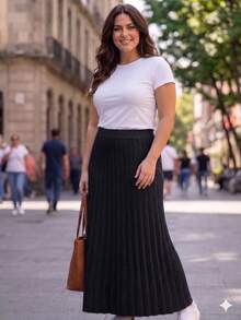 Women's Pleated Knit Skirt, Long, Wide Waistband, Evangelical Style, Elegant And Casual Knit - 黑色 - 查看 3