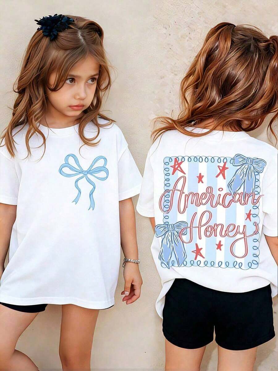 American Honey Kids' Short Sleeve T-Shirt With 4th Of July Cartoon Print, 180g, Soft, Comfortable And Breathable, Suitable For All Seasons, Perfect For Boys And Girls For Everyday Wear, School And Casual Sportswear. An Ideal Crew Neck T-Shirt For Holiday Parties, Gatherings, Outdoor Activities And Travel. - 軍綠色 - 查看 1