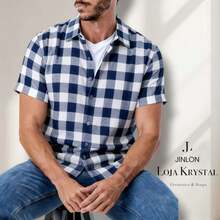 LK Checkered Printed Men's Short-Sleeve Dress Shirt For June Festivals - Baby Blue - View 1