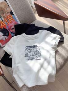 Camiseta de cuello redondo y manga corta con un bonito diseño de estampado de dibujos animados, nuevo estilo de verano, top casual y versátil para mujer. - Blanco - Ver 5