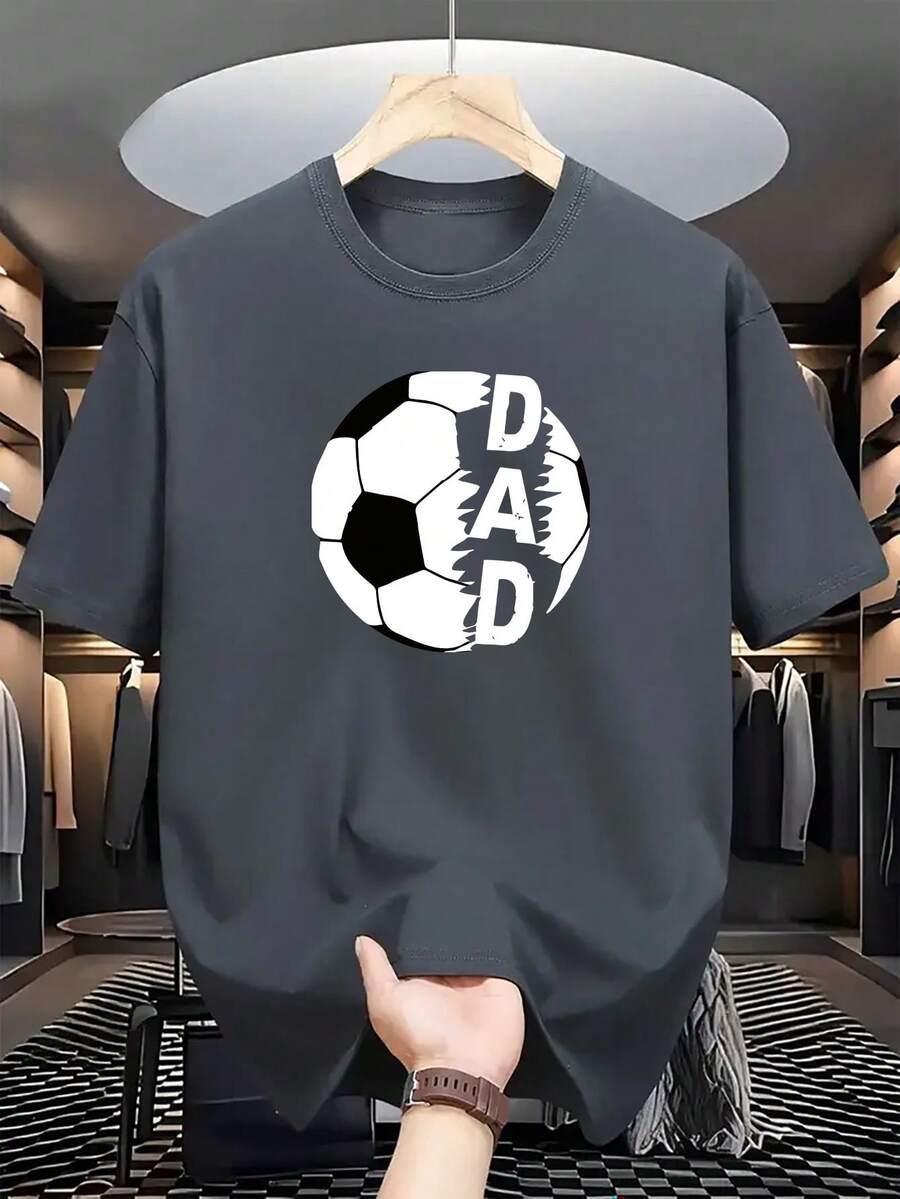 Men's Casual T-Shirt With Football Pattern And Letter Print - Crew Neck, Short Sleeve Summer Shirt, Lightweight Polyester, Perfect For Outdoor Activities And Casual Wear - 深灰色 - 查看 1