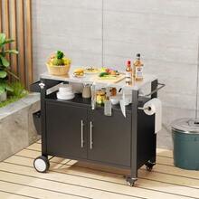 Two-Door Outdoor BBQ Cart, BBQ Table With Storage Space, Rolling Bar Cart, BBQ Cart With Hooks And Spice Rack For BBQ Accessories, Black - 黑色 - 查看 2