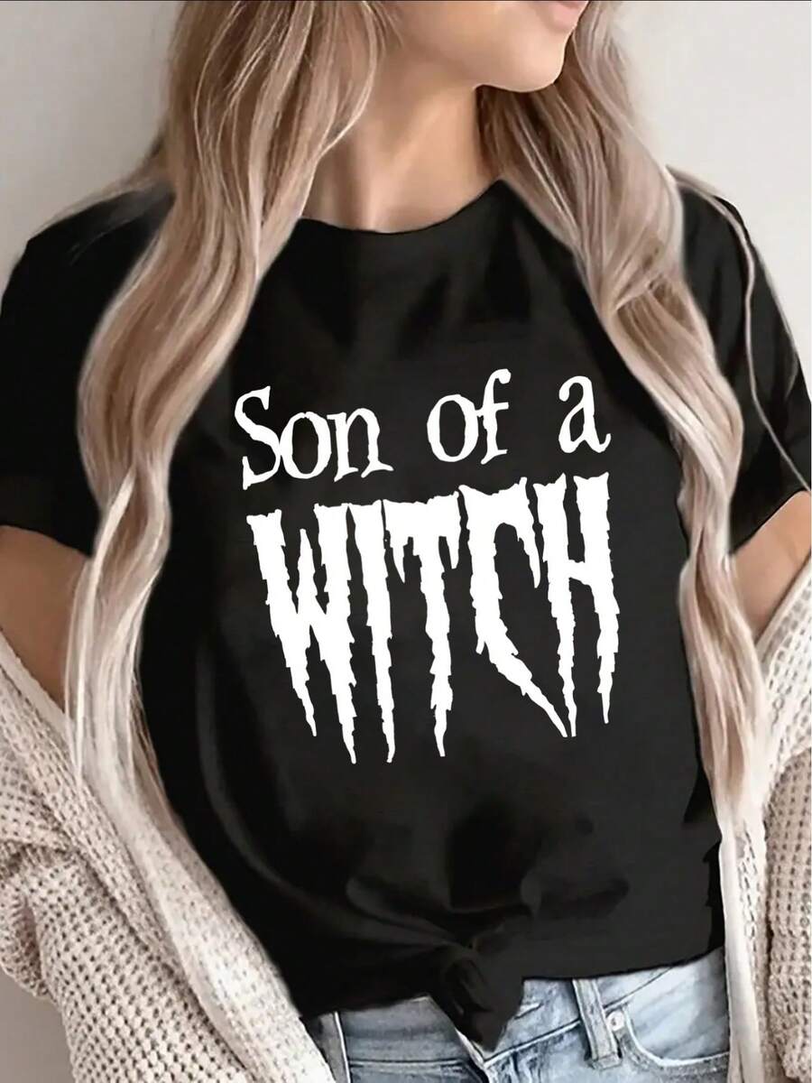 Women's Halloween Costume T-Shirt, Fun And With A "Daughter Of A Witch" Print, Short Sleeve And Black, Perfect For Parties And Casual Outings, Black Material With White Lettering. - 黑色 - 查看 1