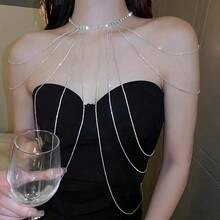 1 Piece Rhinestone Clavicle Chain For Women, Sparkling Body Chain, Elegant Accessory For Dresses. - Silver Plated - View 7