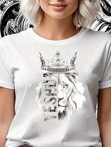 Women's T-Shirts: Scholar T-Shirt With Pink Lion Crown Pattern Print - Round Neck And Short Sleeve Garment, Medium Elasticity, Casual Style, Machine Washable, Versatile Fashion For All Seasons, Durable Fabric, A Lovely Choice. Casual Blouses For Ladies - 白色 - 查看 7