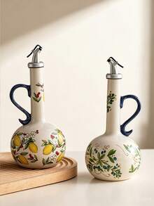 1 Set Hand-Painted Lemon & Blueberry Olive Oil Bottle & Condiment Jar Set; Elegant Yellow Lemon Floral Design Ceramic Soy Sauce, Vinegar And Oil Condiment Bottles; Decorative Kitchen Seasoning Bottles; Ideal For Home Kitchen As Soy Sauce, Vinegar And Spice Bottles; Leak-Proof Soy Sauce Bottle; Great As A Gift - View 4