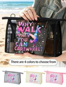 Beach Mesh Perspective Makeup Bag With Colorful Gymnastics Letter Pattern, Colorful Mesh Makeup Storage Bag, Large Capacity Portable Sorting Bag, Breathable Beach Wash Bag, Summer Tropical Style Travel Storage Bag, Multi Functional Wash Bag - Multicolor - View 1