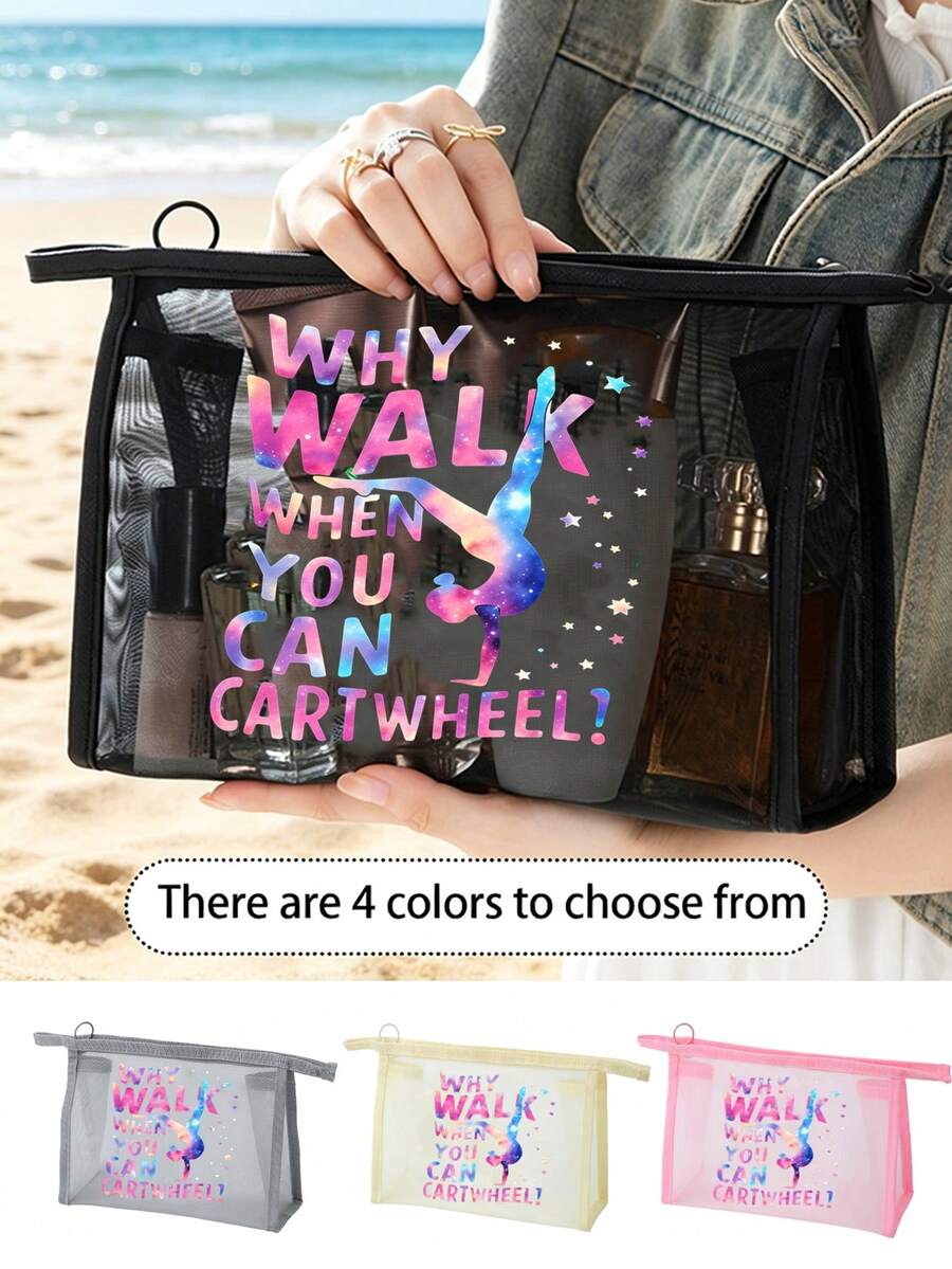 Beach Mesh Perspective Makeup Bag With Colorful Gymnastics Letter Pattern, Colorful Mesh Makeup Storage Bag, Large Capacity Portable Sorting Bag, Breathable Beach Wash Bag, Summer Tropical Style Travel Storage Bag, Multi Functional Wash Bag - Multicolor - View 1