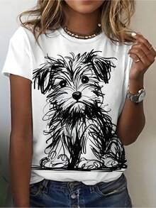 Women's Casual White Short-Sleeve Top With Cute Dog And Literary Line Design, Casual Short-Sleeve Top For Women, Gift, Machine-Washable Festive Top, Durable Fabric, Casual Short-Sleeve Top With Round Neck, Short-Sleeve Shirt For Women - 白色 - 查看 1