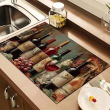 1pc Home Decor, Wine Pattern Printed Absorbent Dish Drying Mat, Espresso Machine Countertop Absorbent Mat, Sink Drain Mat, Soft Faucet Absorbent Mat, Sink Cup Mat, Kitchen & Bathroom Accessories - Multicolor - View 5