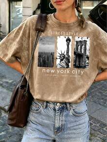 Camiseta de manga corta con estampado gráfico de la ciudad de Nueva York, estilo callejero casual con lavado vintage, color negro, para verano - Marrón - Ver 5
