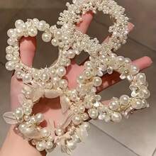 1/4入組法式浪漫珍珠髮圈組，高彈性不傷髮髮帶，仿珍珠+蕾絲拼接髮帶，適合通勤、婚禮、約會，百搭優雅髮飾，韓系柔美風髮帶，多色可選，適用於通勤、學校、辦公室、約會、婚禮、健身、休閒馬尾 - 杏色 - 查看 11