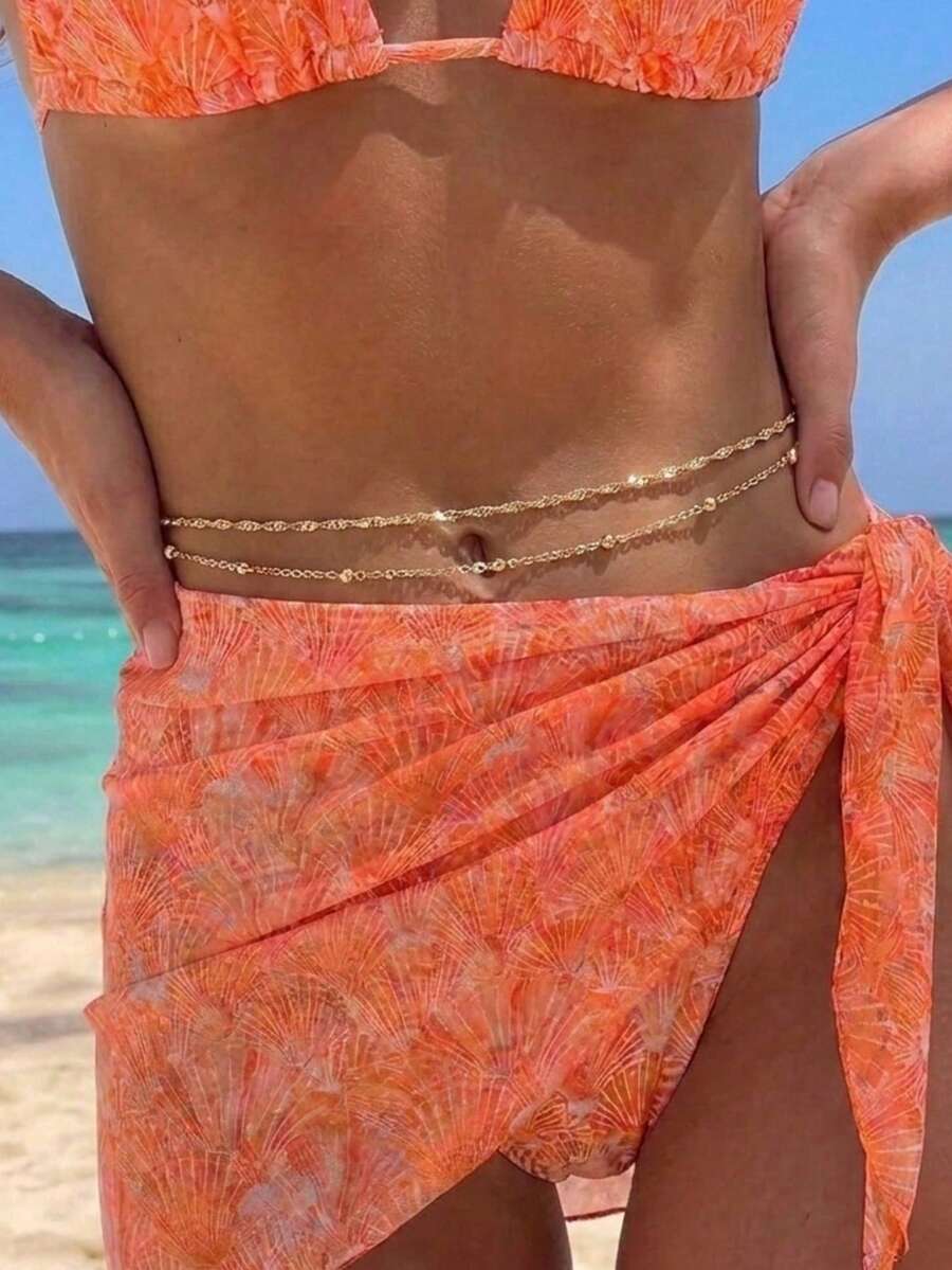 1pc Gold Double-Layer Minimalist Twist Knot & Shiny Waist Chain, Women's Summer Beach Body Jewelry - Gold - View 1