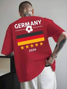 Men's German 2026 Printed T-Shirt - Loose Fit, Short Sleeve With Football And Flag Design, Breathable Crew Neck, Casual Summer Sportswear, Football Fan Clothing, Flag Print Clothing, Comfortable Fit, Plus Sizes - 紅色 - 查看 2