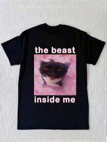 Comfortable Women's T-Shirt With A Creative Cat And Letter Print, Perfect For Everyday Wear. The Relaxed, Comfortable Fit Flatters All Body Shapes, While The High-Quality Material Is Soft To The Touch And Durable. - 黑色 - 查看 1