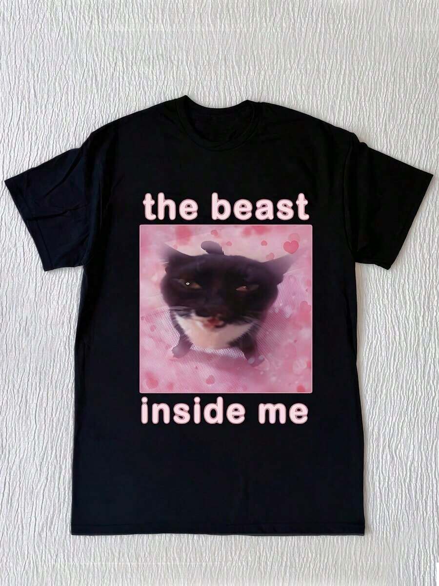Comfortable Women's T-Shirt With A Creative Cat And Letter Print, Perfect For Everyday Wear. The Relaxed, Comfortable Fit Flatters All Body Shapes, While The High-Quality Material Is Soft To The Touch And Durable. - 黑色 - 查看 1