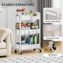 3-Tier White Metal Rolling Storage Cart With Wheels, Heavy-Duty Mobile Utility Organizer, Space-Saving Rolling Shelf Rack, Multi-Purpose Storage Solution For Craft Supplies, Nursery, Cleaning, Snacks & Home Office Organization, Easy-Move Caddy Cart For Adults & Families - L - View 4