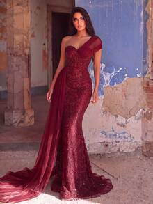Faeriesty Đầm dạ hội lệch vai, xếp ly, đính sequin, kiểu dáng thanh lịch, thích hợp cho tiệc cưới hoặc tiệc tùng. - Màu Đỏ Sâu - Xem 5
